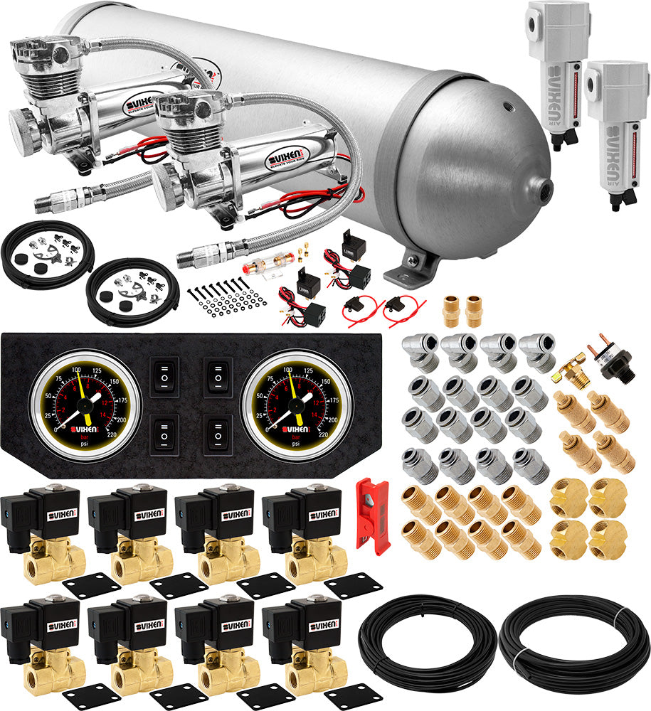 VIXEN AIR VXX3805GB/4850DCF AIR SUSPENSION KIT FOR TRUCK/CAR BAG/AIR RIDE/SPRING. ON BOARD SYSTEM, DUAL 200PSI COMPRESSOR, 5 GALLON ALUMINUM TANK image 0