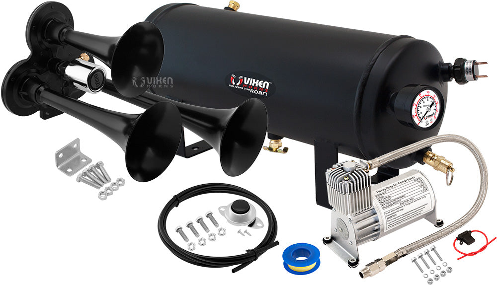 VIXEN HORNS VXO8715/3311B TRIPLE TRUMPET TRAIN AIR HORN BLACK WITH 1.5 GALLON TANK AND 150 PSI COMPRESSOR image 0