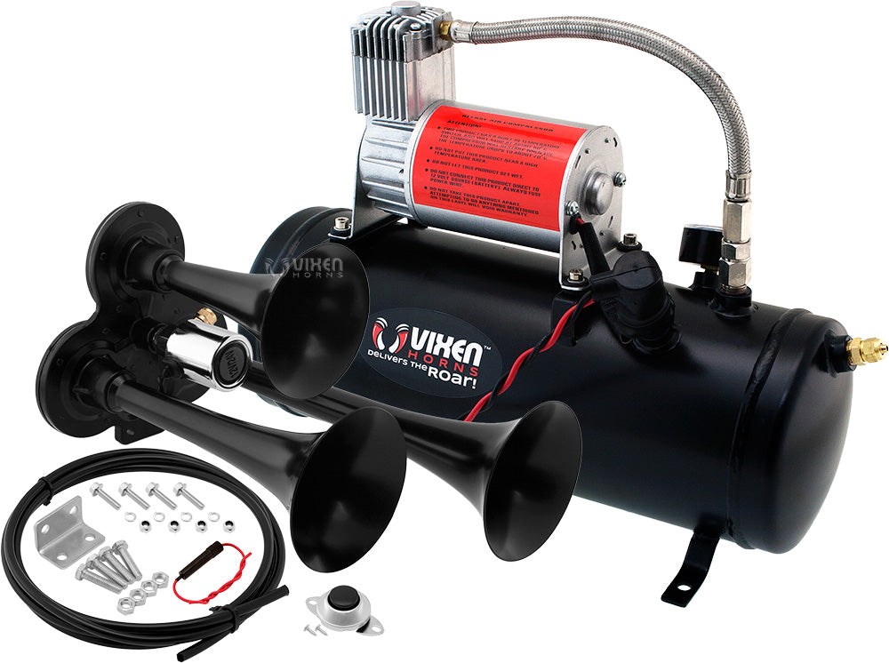 VIXEN HORNS VXO8530/3311B TRIPLE TRUMPET TRAIN AIR HORN BLACK WITH 1.5 GALLON TANK AND 150 PSI COMPRESSOR image 0