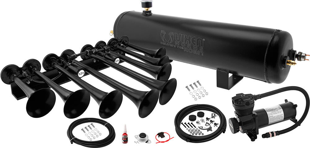VIXEN HORNS OCTOPOD™ VXO4830AB/8124XB OCTO TRUMPET TRAIN AIR HORN BLACK WITH 3 GALLON ALUMINUM TANK AND 200 PSI COMPRESSOR image 0