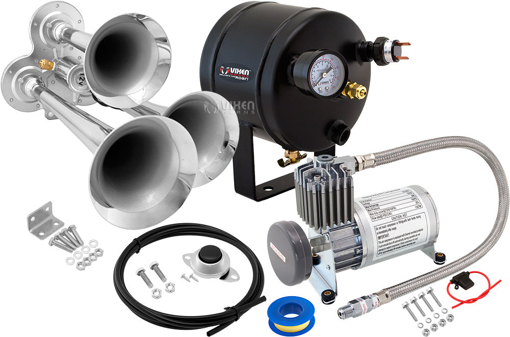 VIXEN HORNS VXO8805/3114 TRIPLE TRUMPET TRAIN AIR HORN CHROME PLATED WITH 0.5 GALLON TANK AND 150 PSI COMPRESSOR image 0