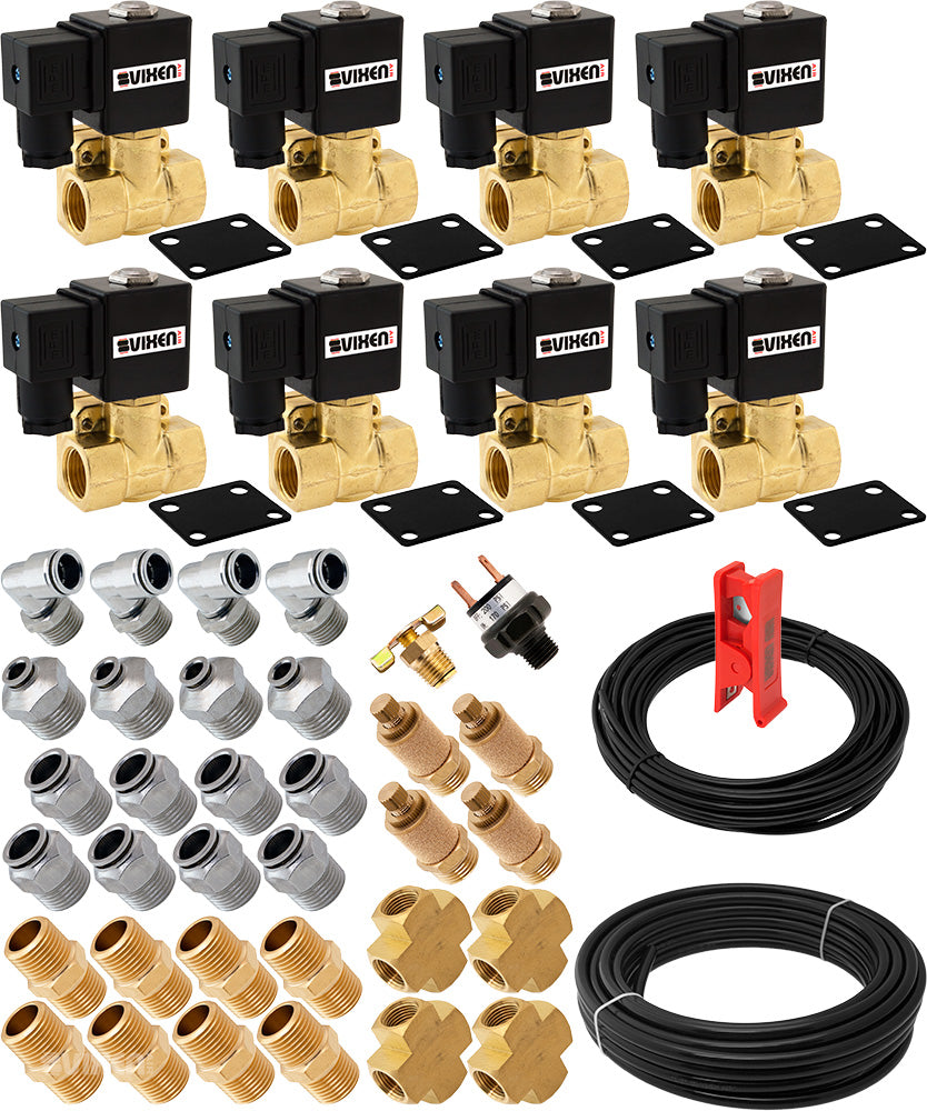VIXEN AIR VXK1209H 1/2" NPT AIR RIDE SUSPENSION HIGH FLOW ELECTRIC AIR VALVES/SOLENOIDS 250 PSI FOUR CORNERS WITH FITTINGS AND HOSES image 0
