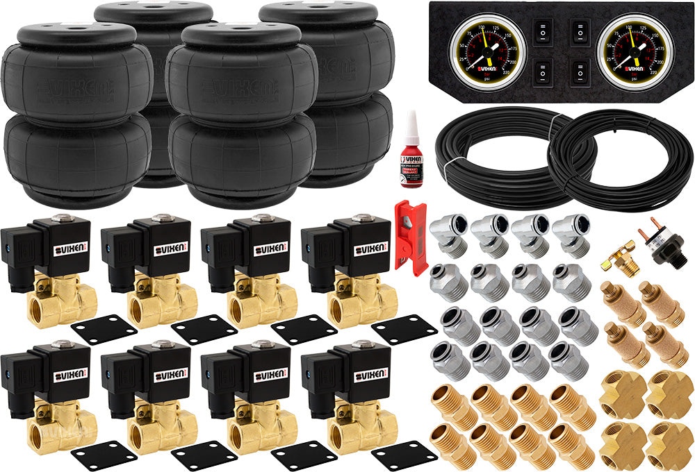 VIXEN AIR VXK1209FB 1/2" NPT AIR RIDE SUSPENSION HIGH FLOW AIR VALVES WITH FOUR AIR SPRINGS, PRESSURE SWITCH, GAUGE DASH PANEL, HOSES AND FITTINGS image 0