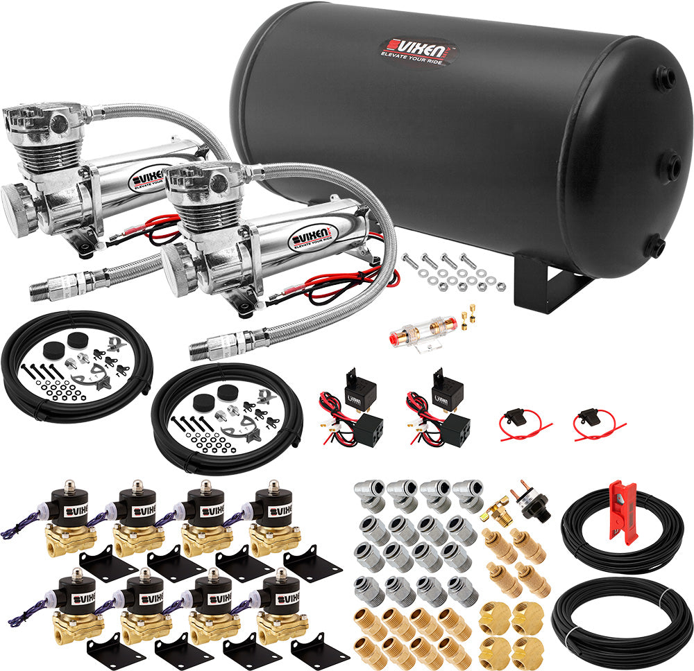 VIXEN AIR VXX3804H/4863DC AIR SUSPENSION KIT FOR TRUCK/CAR BAG/AIR RIDE/SPRING. ON BOARD SYSTEM, DUAL 200PSI COMPRESSOR, 6 GALLON TANK image 0