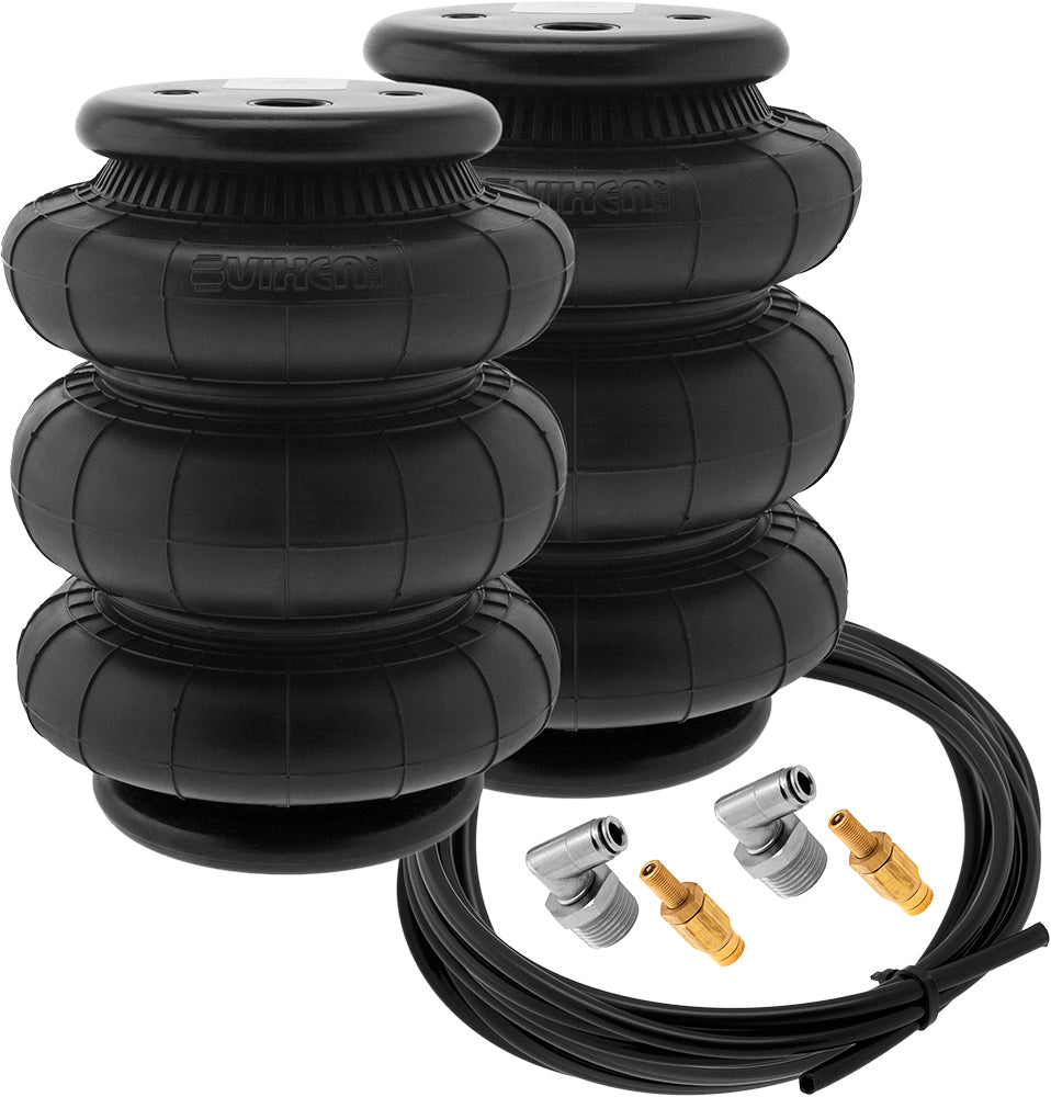 VIXEN AIR VXD26T14S 1/2" NPT SINGLE AIR PORT TRIPLE BELLOW SUSPENSION AIR SPRING/AIR BAG DUAL PACK WITH FITTINGS, SCHRADER VALVES AND 20FT HOSE image 0