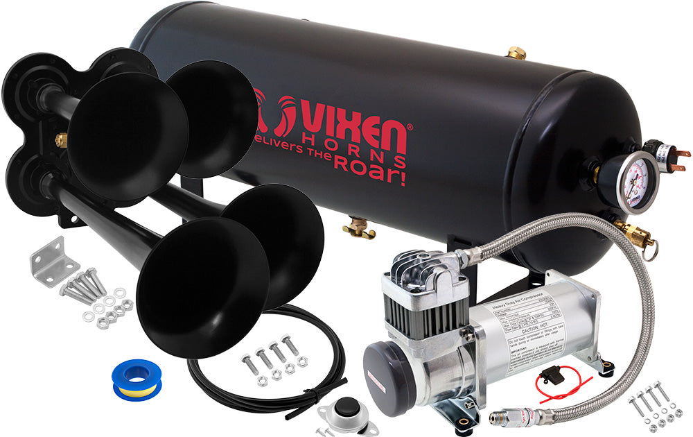 VIXEN HORNS VXO8325/4114B QUAD TRUMPET TRAIN AIR HORN BLACK WITH 2.5 GALLON TANK AND 200 PSI COMPRESSOR image 0