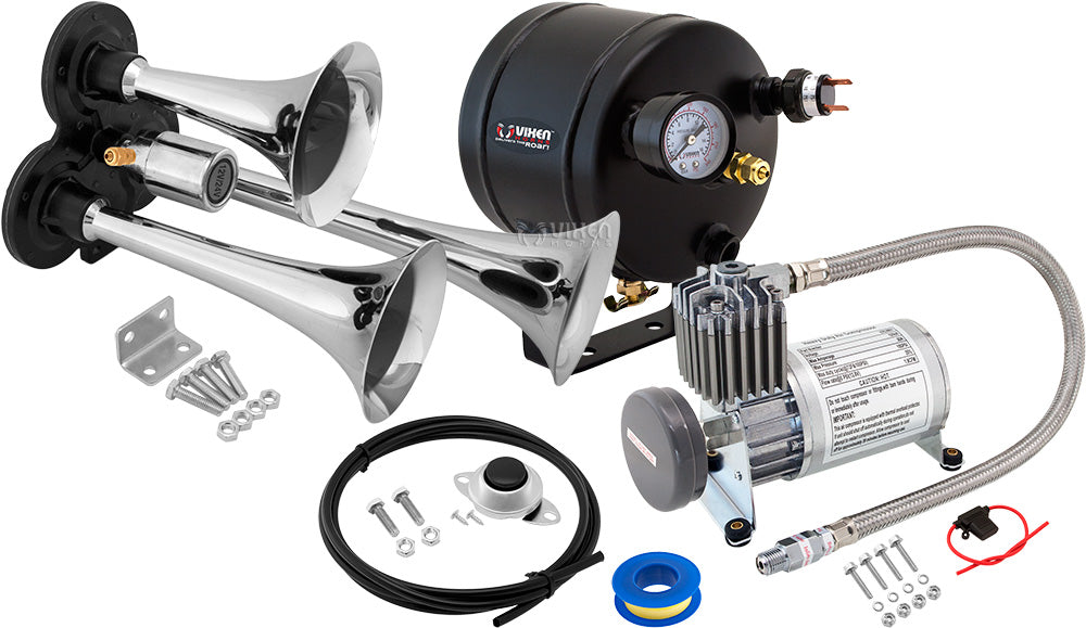 VIXEN HORNS VXO8805/3311C TRIPLE TRUMPET TRAIN AIR HORN CHROME PLATED WITH 0.5 GALLON TANK AND 150 PSI COMPRESSOR image 0