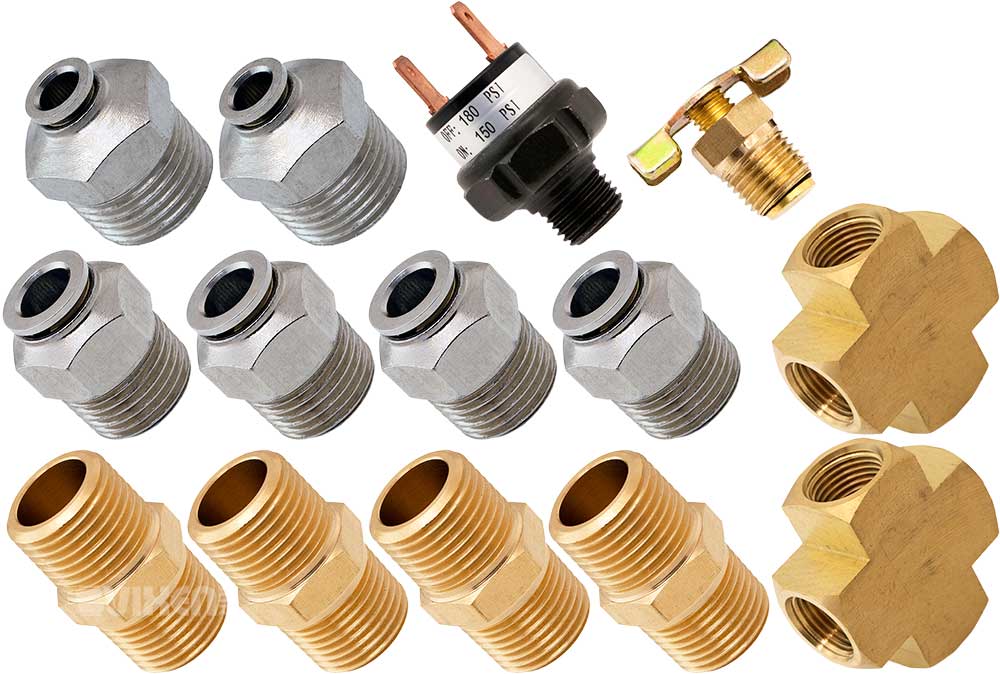 VIXEN AIR VXK1232 SET OF FITTINGS FOR FOUR 1/2" NPT AIR VALVES USING 3/8" AND 1/4" OD AIR LINES, PRESSURE SWITCH INCLUDED image 0