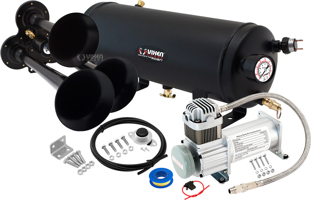 VIXEN HORNS VXO8115/3114B TRIPLE TRUMPET TRAIN AIR HORN BLACK WITH 1.5 GALLON TANK AND 150 PSI COMPRESSOR image 0