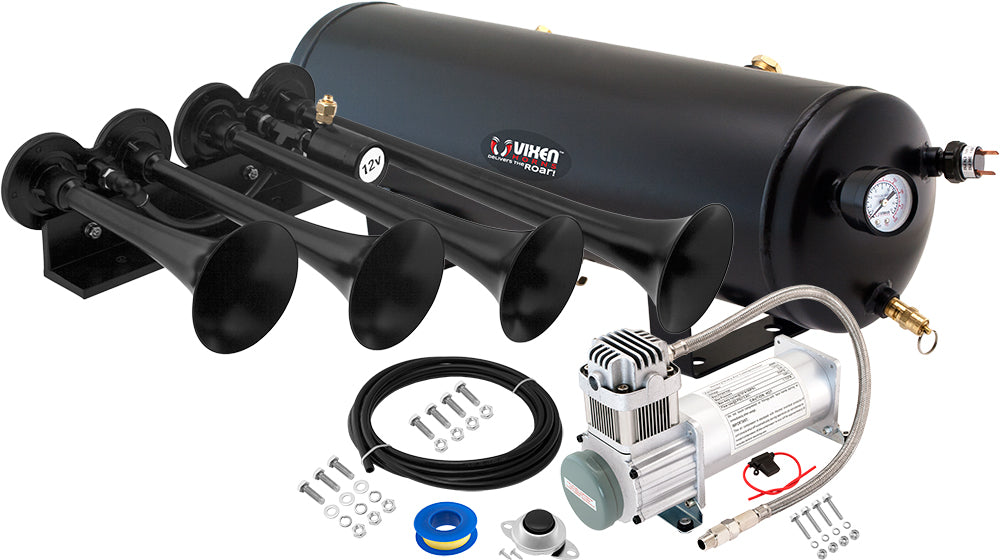 VIXEN HORNS VXO8330/4124XB QUAD TRUMPET TRAIN AIR HORN BLACK WITH 3 GALLON TANK AND 200 PSI COMPRESSOR image 0