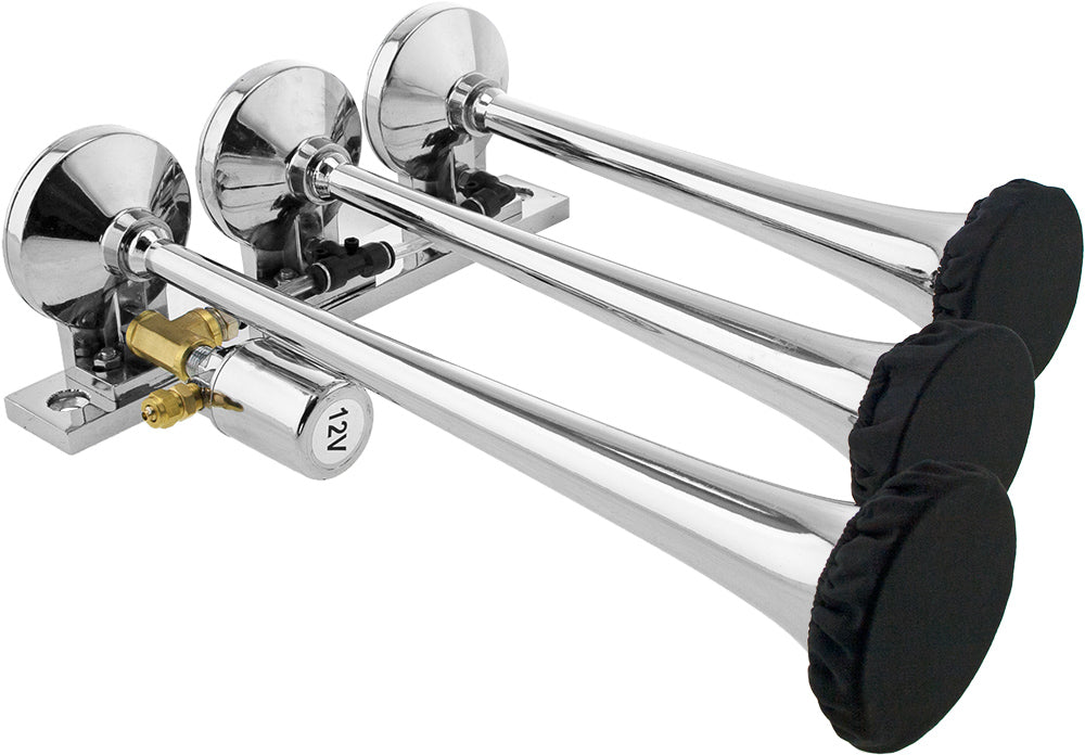 VIXEN HORNS VXH3118/P TRIPLE TRUMPET TRAIN AIR HORN WITH COVERS CHROME PLATED image 1