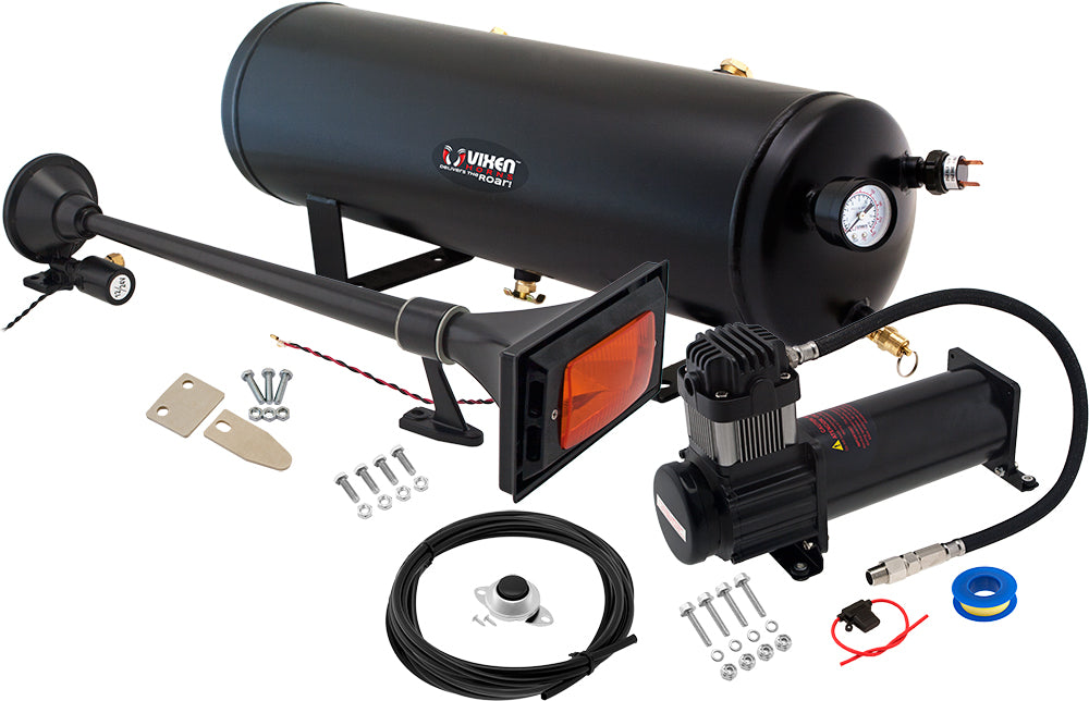 VIXEN HORNS VXO8330B/1264YB SINGLE TRUMPET TRAIN AIR HORN BLACK WITH 3 GALLON TANK AND 200 PSI COMPRESSOR image 0