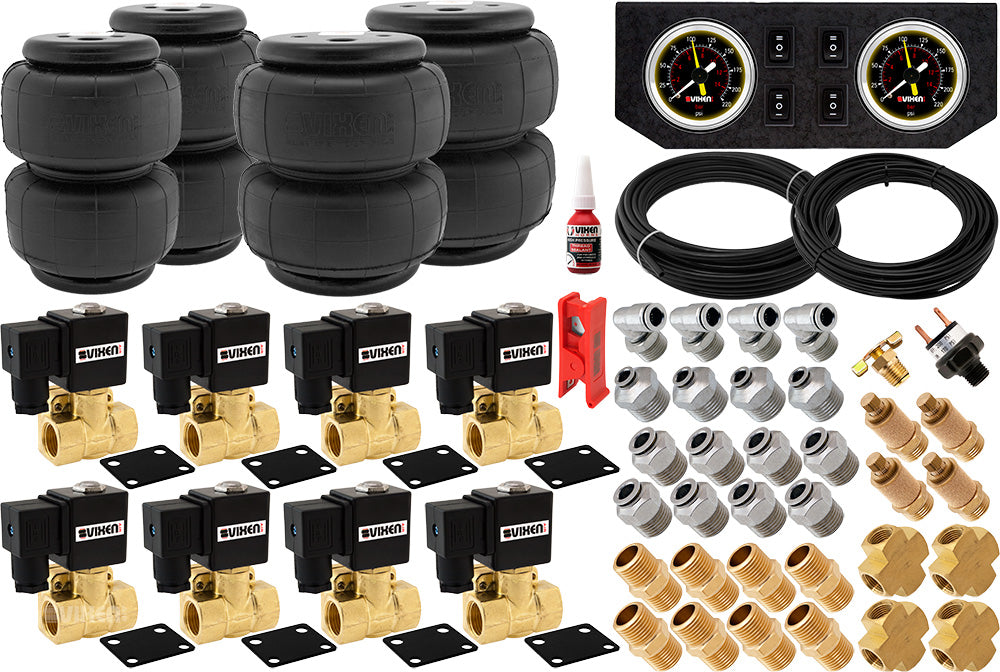 VIXEN AIR VXK1205PB 1/2" NPT AIR RIDE SUSPENSION HIGH FLOW AIR VALVES WITH FOUR AIR SPRINGS, PRESSURE SWITCH, GAUGE DASH PANEL, HOSES AND FITTINGS image 0