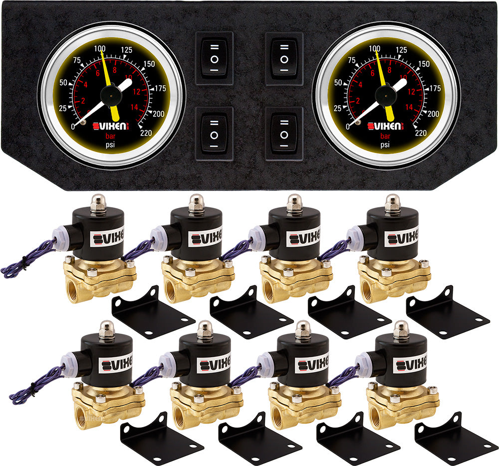 VIXEN AIR VXF2G2012B 1/2" NPT ELECTRIC AIR VALVE (SOLENOID) 210PSI 12V (8-PACK) WITH 2 DUAL NEEDLE GAUGES/4 SWITCH DASH PANEL KIT BLACK image 0