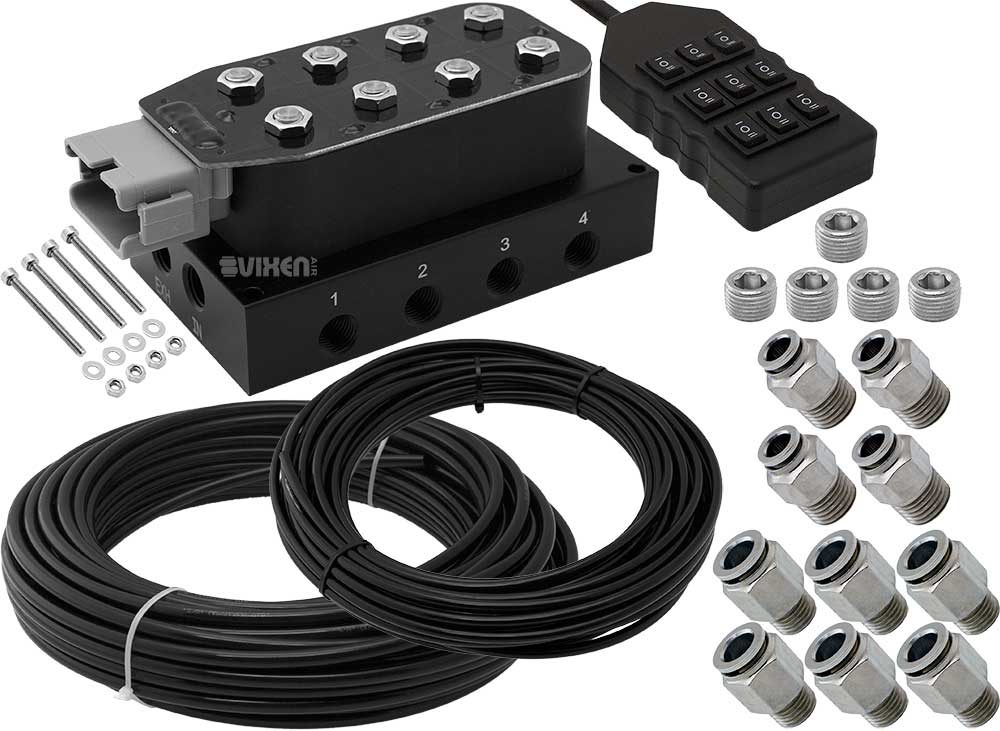 VIXEN AIR VXF4CM01H 8 VALVE SUSPENSION MANIFOLD WITH 3/8" OD HOSE 100 FT, 1/4" OD HOSE 50 FT AND FITTINGS image 0
