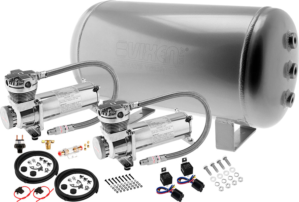 VIXEN AIR VXO4852DA 6 GALLON ALUMINUM AIR TANK SILVER WITH DUAL 200 PSI AIR COMPRESSOR ONBOARD AIR SYSTEM image 0