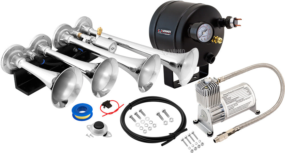 VIXEN HORNS VXO8705/4124C QUAD TRUMPET TRAIN AIR HORN CHROME PLATED WITH 0.5 GALLON TANK AND 150 PSI COMPRESSOR image 0