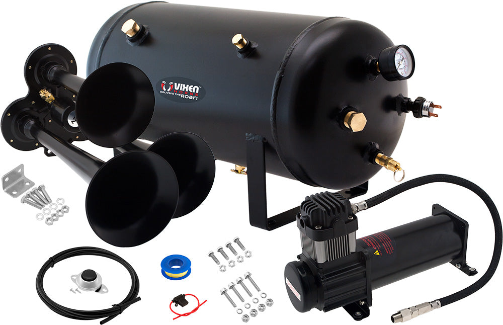 VIXEN HORNS VXO8350B/3114B TRIPLE TRUMPET TRAIN AIR HORN BLACK WITH 5 GALLON TANK AND 200 PSI COMPRESSOR image 0