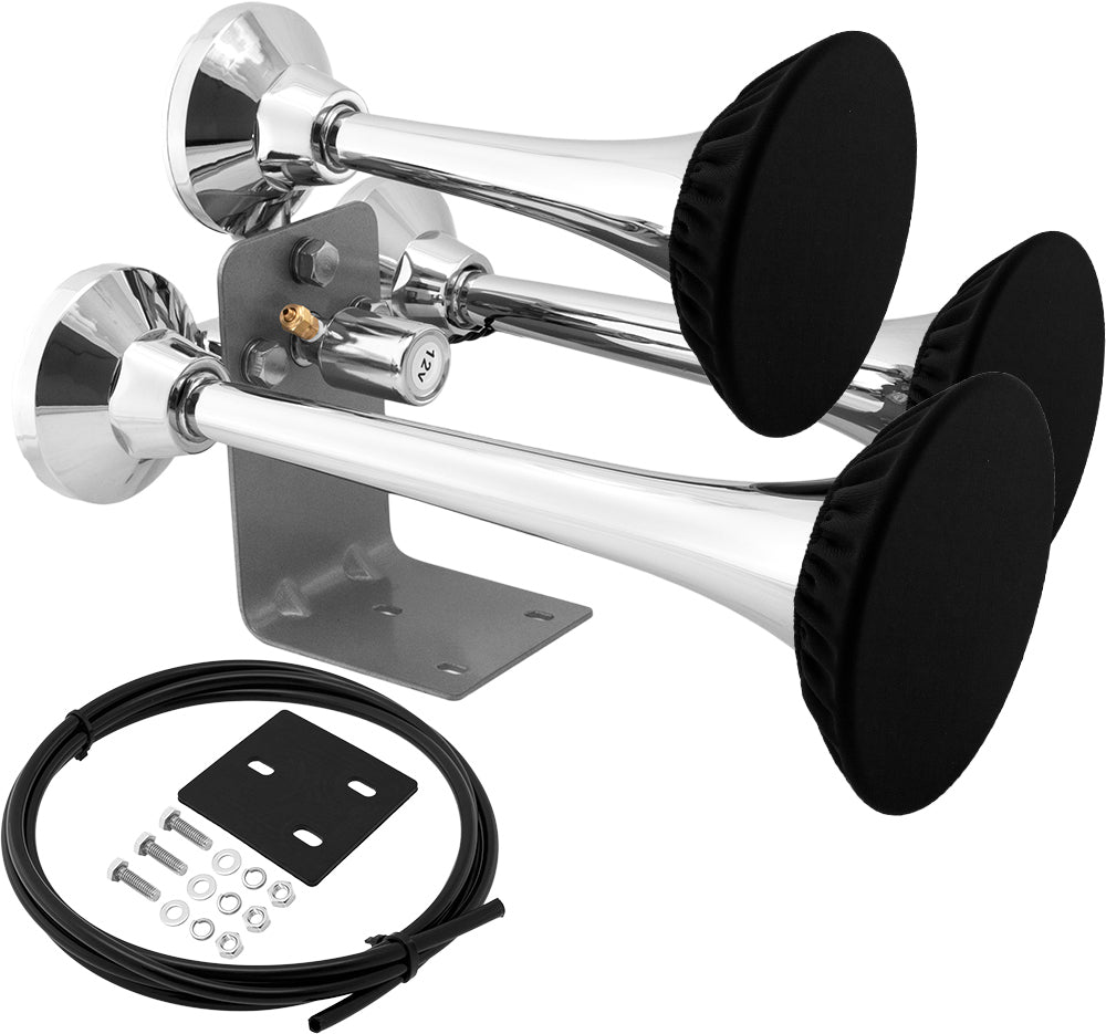 VIXEN HORNS VXH3318/P TRIPLE TRUMPET TRAIN AIR HORN WITH COVERS CHROME PLATED