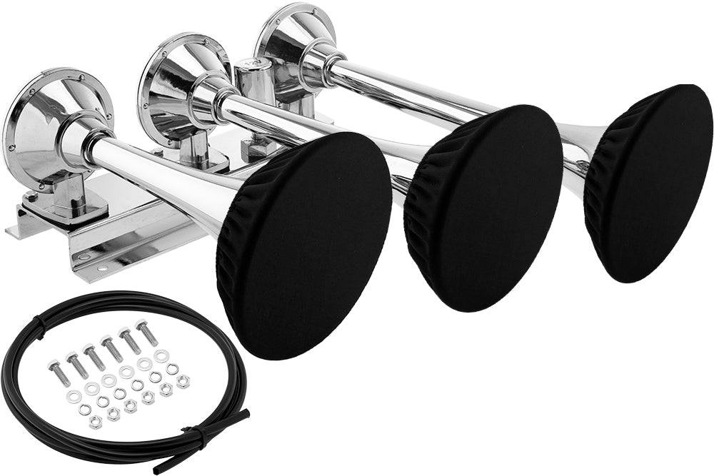 VIXEN HORNS VXH3418C/P TRIPLE TRUMPET TRAIN AIR HORN WITH COVERS CHROME PLATED