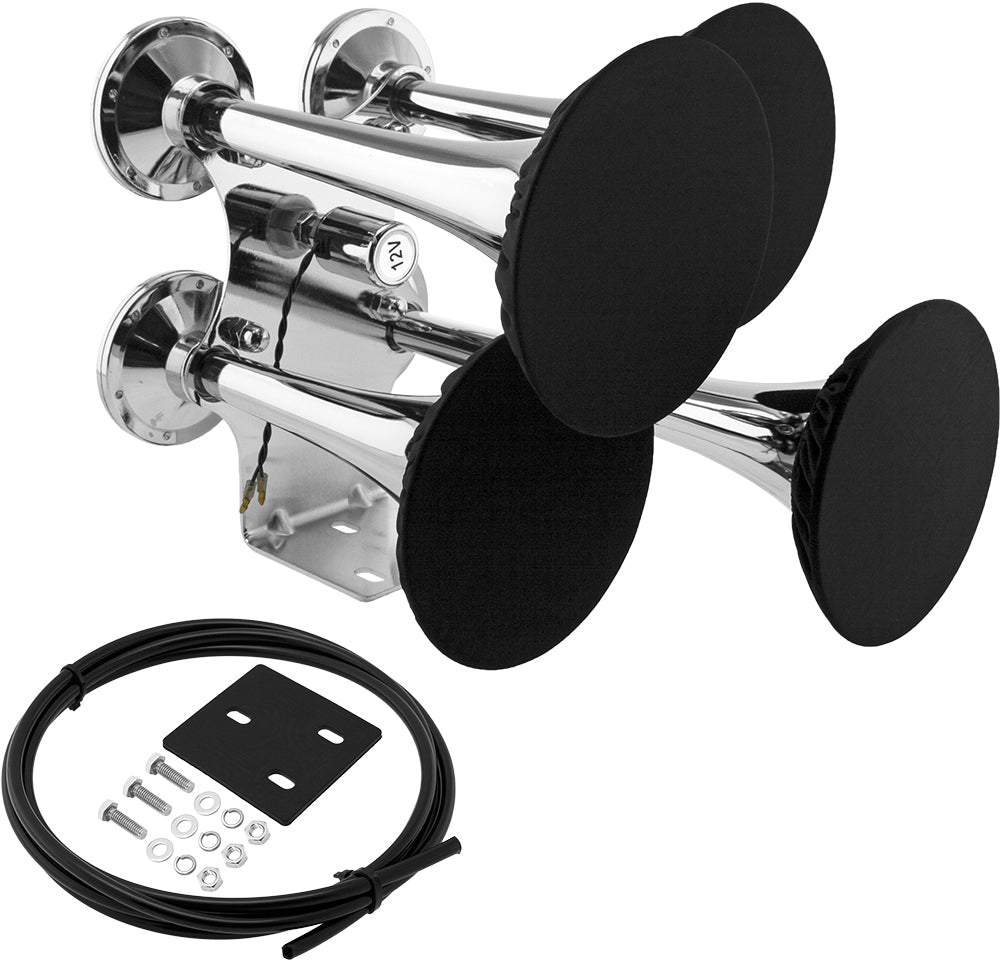 VIXEN HORNS VXH4318/P FOUR TRUMPET TRAIN AIR HORN WITH COVERS CHROME PLATED