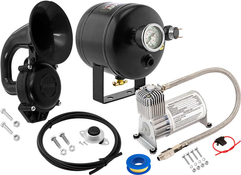 VIXEN HORNS VXO8705/1101 SINGLE TRUMPET SNAIL AIR HORN BLACK WITH 0.5 GALLON TANK AND 150 PSI COMPRESSOR