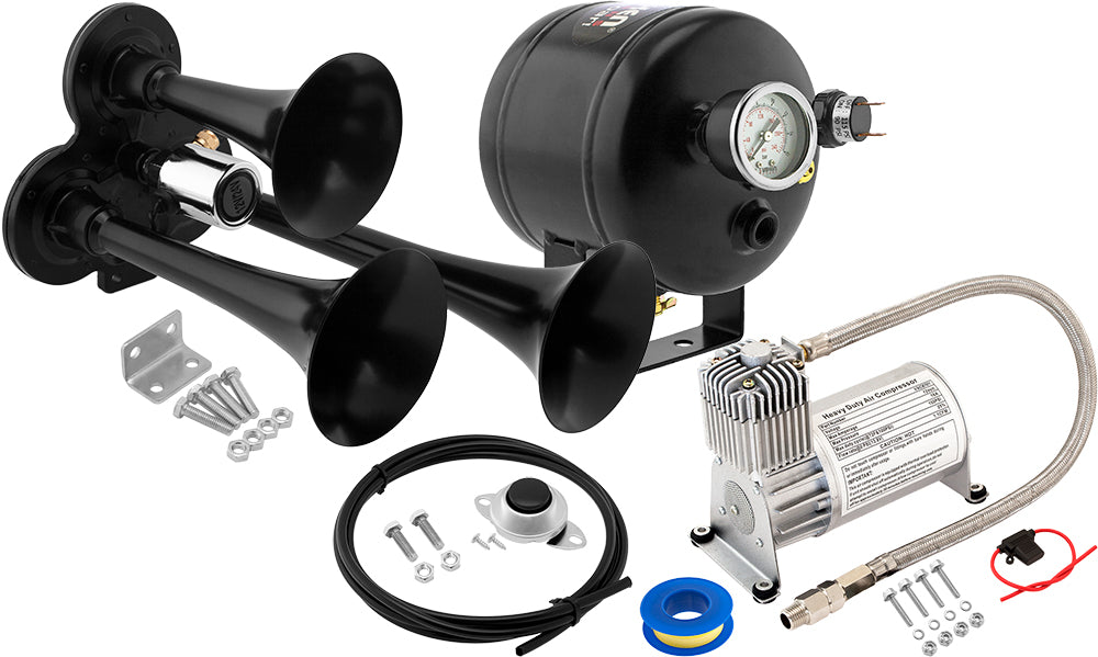 VIXEN HORNS VXO8705/3311B TRIPLE TRUMPET TRAIN AIR HORN BLACK WITH 0.5 GALLON TANK AND 150 PSI COMPRESSOR