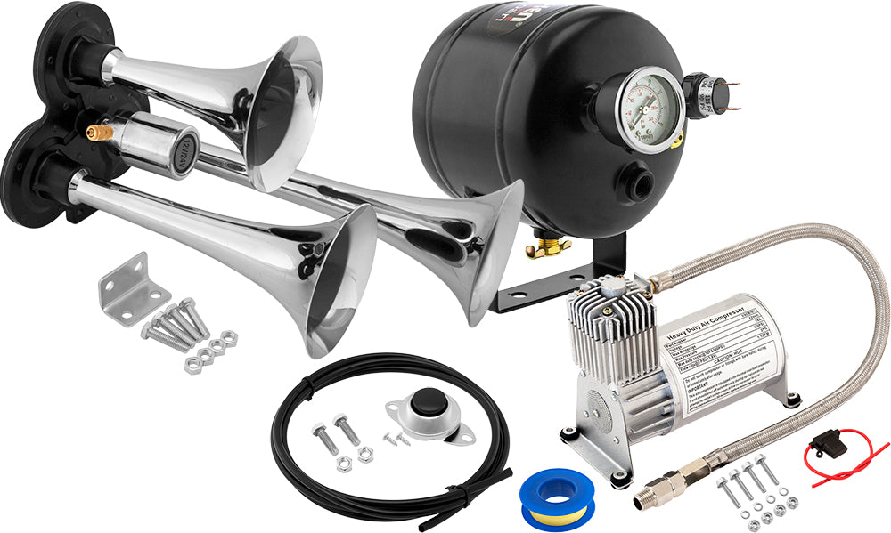 VIXEN HORNS VXO8705/3311 TRIPLE TRUMPET TRAIN AIR HORN CHROME PLATED WITH 0.5 GALLON TANK AND 150 PSI COMPRESSOR