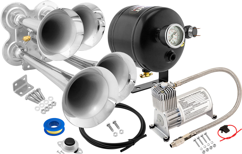 VIXEN HORNS VXO8705/4114 QUAD TRUMPET TRAIN AIR HORN CHROME PLATED WITH 0.5 GALLON TANK AND 150 PSI COMPRESSOR