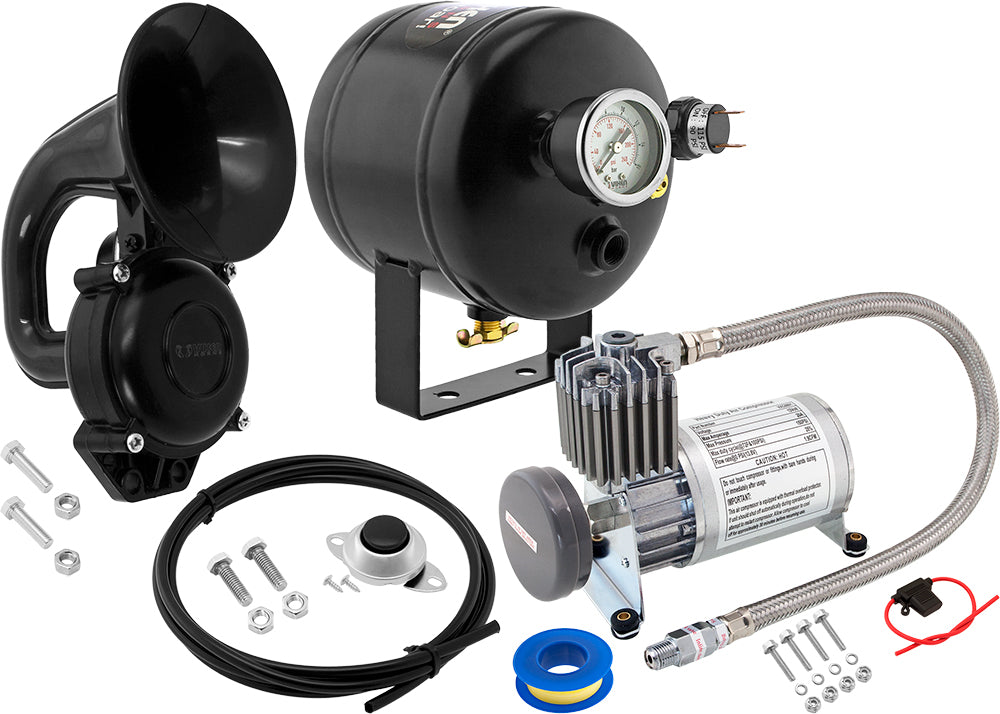 VIXEN HORNS VXO8805/1101 SINGLE TRUMPET SNAIL AIR HORN BLACK WITH 0.5 GALLON TANK AND 150 PSI COMPRESSOR