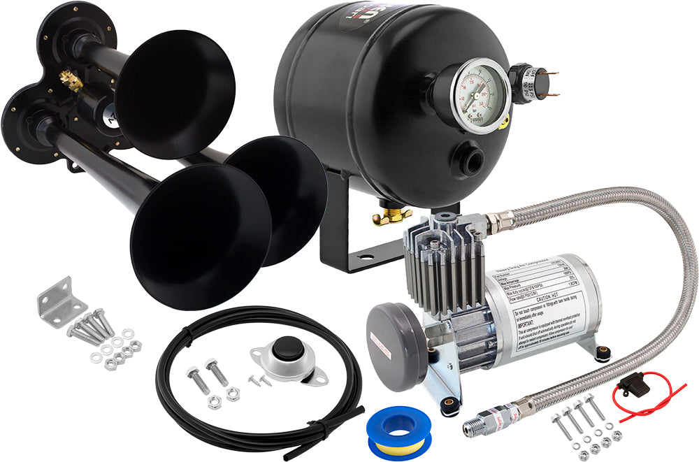 VIXEN HORNS VXO8805/3114B TRIPLE TRUMPET TRAIN AIR HORN BLACK WITH 0.5 GALLON TANK AND 150 PSI COMPRESSOR