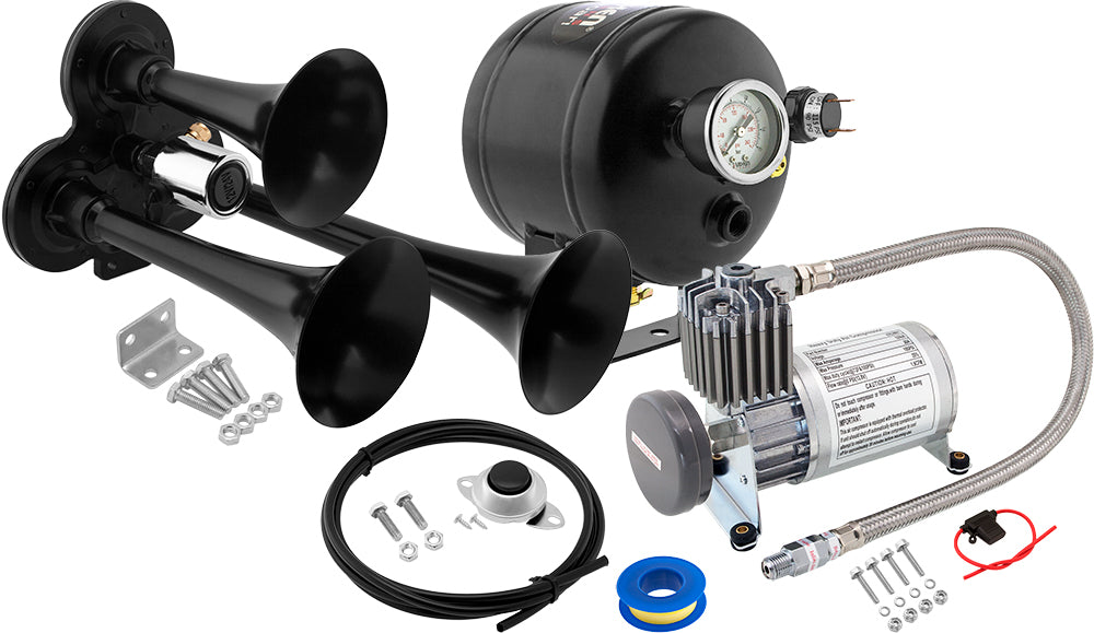 VIXEN HORNS VXO8805/3311B TRIPLE TRUMPET TRAIN AIR HORN BLACK WITH 0.5 GALLON TANK AND 150 PSI COMPRESSOR