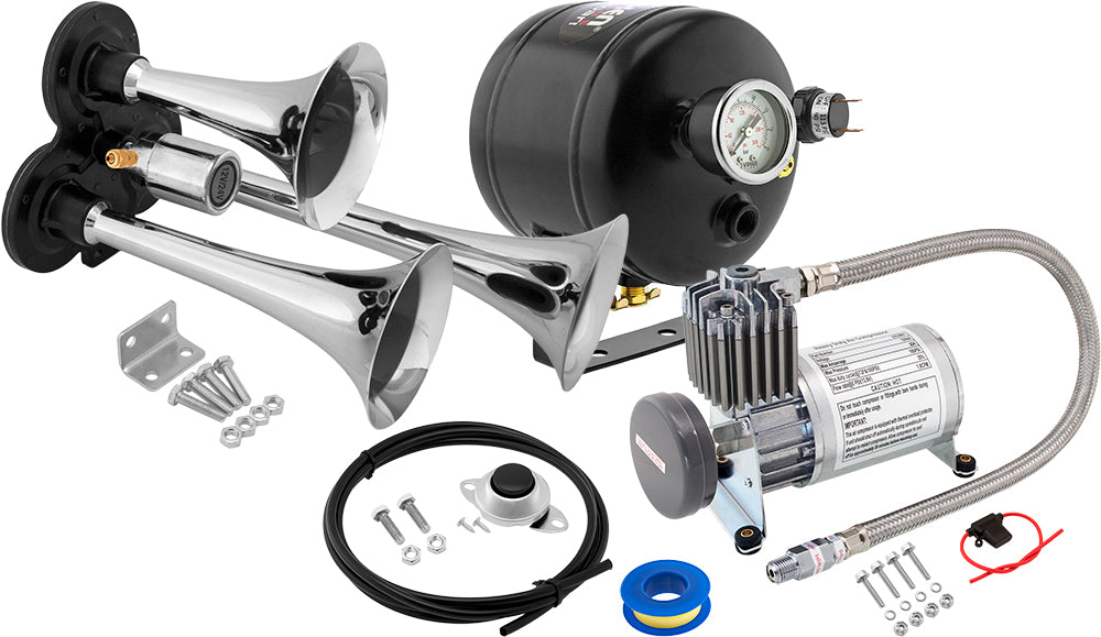 VIXEN HORNS VXO8805/3311C TRIPLE TRUMPET TRAIN AIR HORN CHROME PLATED WITH 0.5 GALLON TANK AND 150 PSI COMPRESSOR