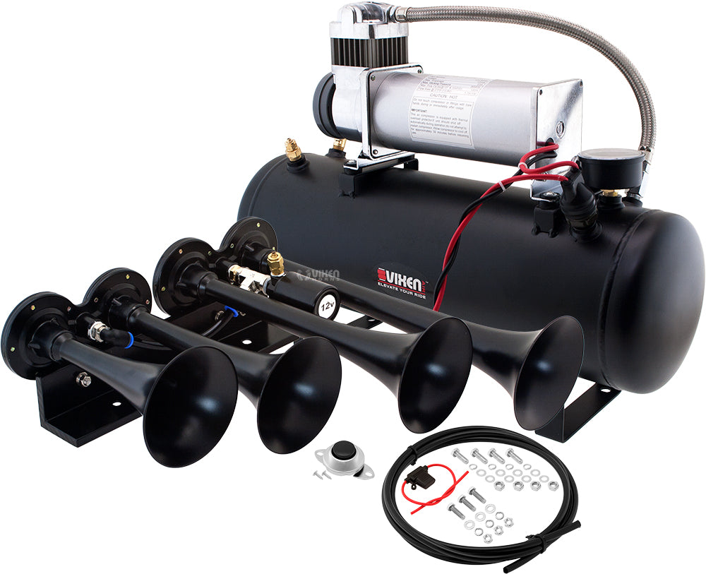 VIXEN HORNS VXO8580/4124B QUAD TRUMPET TRAIN AIR HORN BLACK WITH 2.5 GALLON TANK AND 200 PSI COMPRESSOR image 0