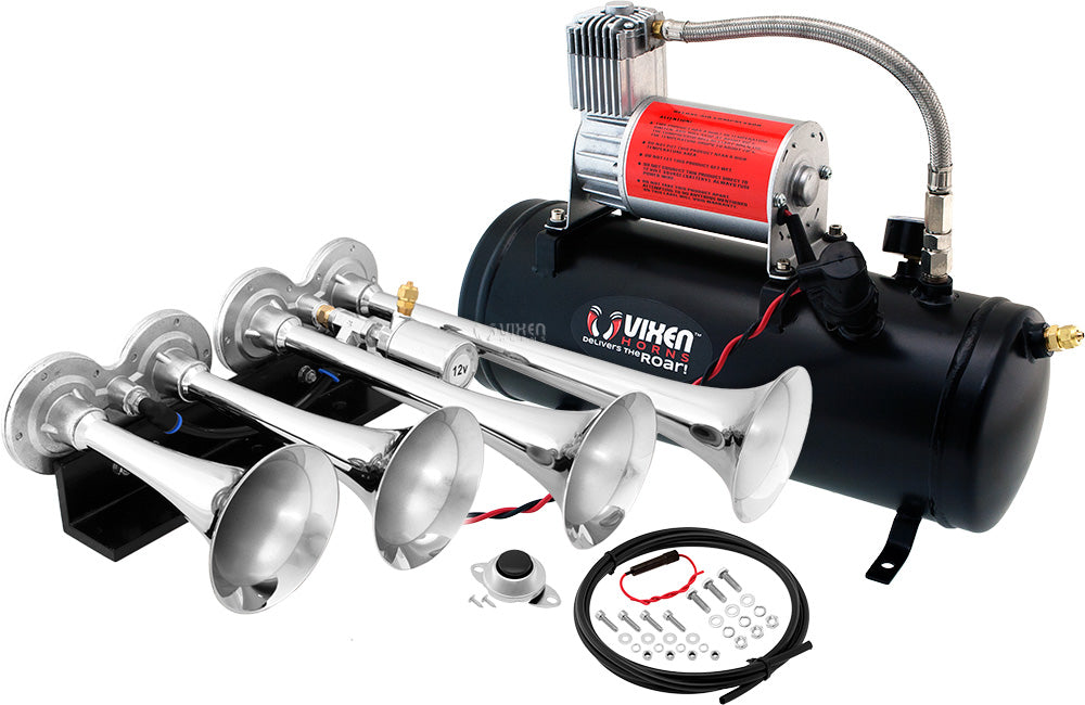 VIXEN HORNS VXO8530/4124C QUAD TRUMPET TRAIN AIR HORN CHROME PLATED WITH 1.5 GALLON TANK AND 150 PSI COMPRESSOR image 0