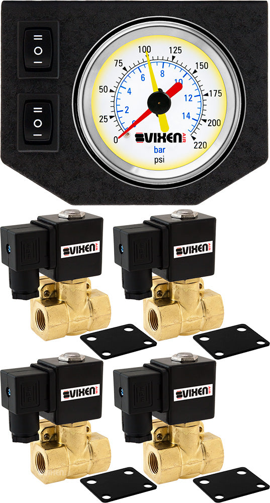 VIXEN AIR VXF1G4038W 3/8" NPT ELECTRIC AIR VALVE (SOLENOID) 250PSI 12V (4-PACK) WITH 1 DUAL NEEDLE GAUGE/2 SWITCH DASH PANEL KIT WHITE image 0