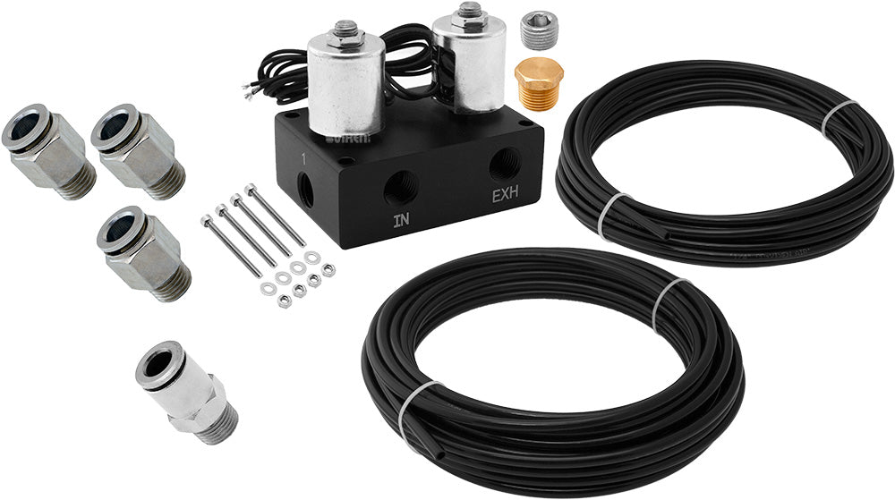 VIXEN AIR VXF1CM01H 2 VALVE SUSPENSION MANIFOLD WITH 3/8" OD HOSE 50 FT, 1/4" OD HOSE 35 FT AND FITTINGS image 0
