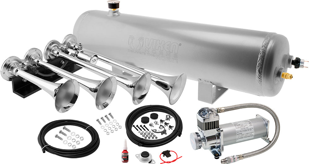 VIXEN HORNS VXO8330APRO/4124XC QUAD TRUMPET TRAIN AIR HORN CHROME PLATED WITH 3 GALLON ALUMINUM TANK AND 200 PSI COMPRESSOR image 0