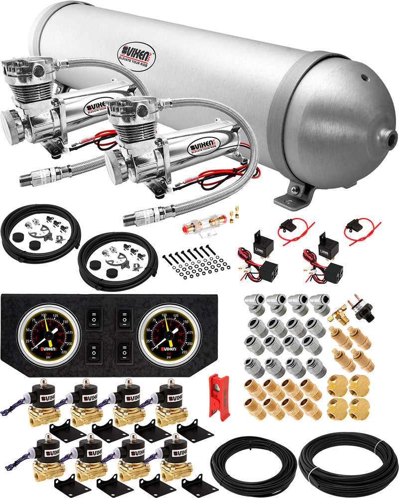 VIXEN AIR VXX3804GB/4850DC AIR SUSPENSION KIT FOR TRUCK/CAR BAG/AIR RIDE/SPRING. ON BOARD SYSTEM, DUAL 200PSI COMPRESSOR, 5 GALLON ALUMINUM TANK image 0