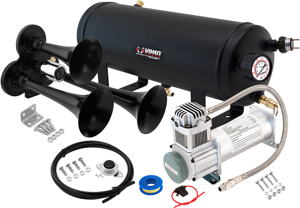 VIXEN HORNS VXO8315/3311B TRIPLE TRUMPET TRAIN AIR HORN BLACK WITH 1.5 GALLON TANK AND 200 PSI COMPRESSOR image 0