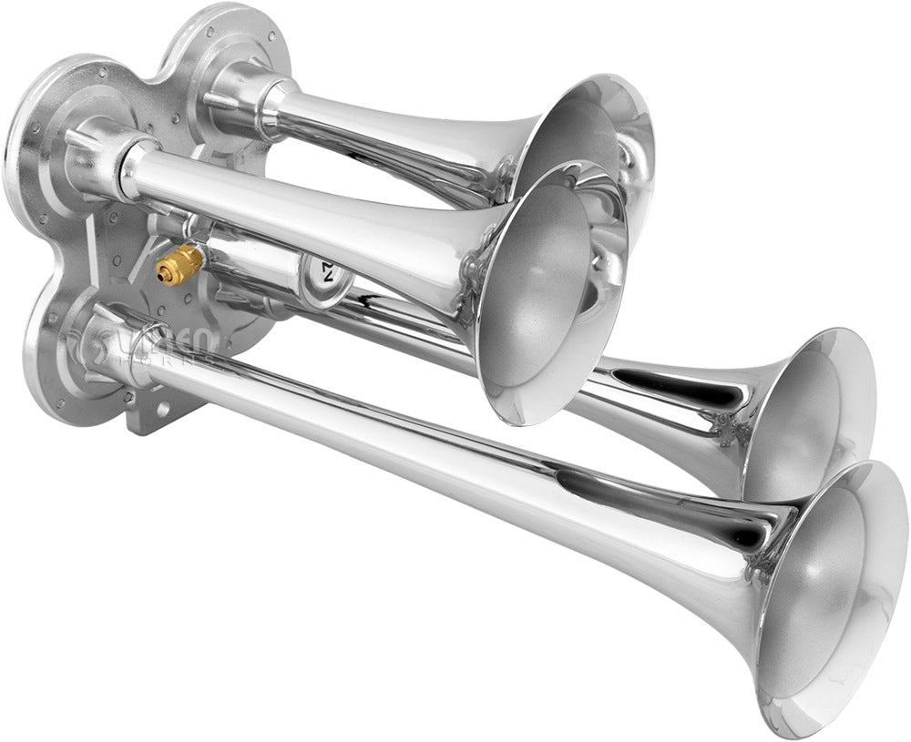 VIXEN HORNS VXO8210/4114 QUAD TRUMPET TRAIN AIR HORN CHROME PLATED WITH 1 GALLON TANK AND 150 PSI COMPRESSOR image 1