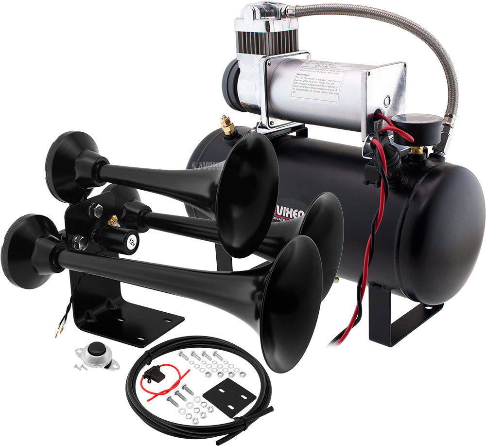 VIXEN HORNS VXO8560/3318B TRIPLE TRUMPET TRAIN AIR HORN BLACK WITH 2 GALLON TANK AND 150 PSI COMPRESSOR image 0