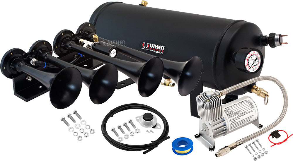 VIXEN HORNS VXO8715/4124B QUAD TRUMPET TRAIN AIR HORN BLACK WITH 1.5 GALLON TANK AND 150 PSI COMPRESSOR image 0