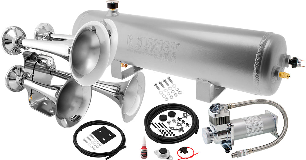 VIXEN HORNS VXO8330APRO/4318C QUAD TRUMPET TRAIN AIR HORN CHROME PLATED WITH 3 GALLON ALUMINUM TANK AND 200 PSI COMPRESSOR image 0