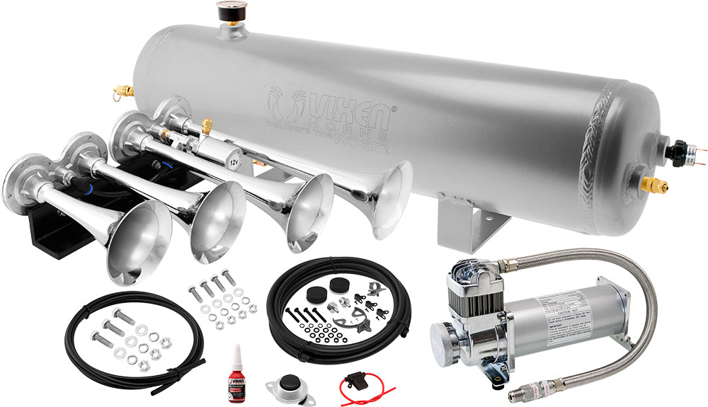 VIXEN HORNS VXO8330APRO/4124C QUAD TRUMPET TRAIN AIR HORN CHROME PLATED WITH 3 GALLON ALUMINUM TANK AND 200 PSI COMPRESSOR image 0