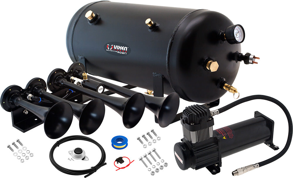 VIXEN HORNS VXO8350B/4124B QUAD TRUMPET TRAIN AIR HORN BLACK WITH 5 GALLON TANK AND 200 PSI COMPRESSOR image 0