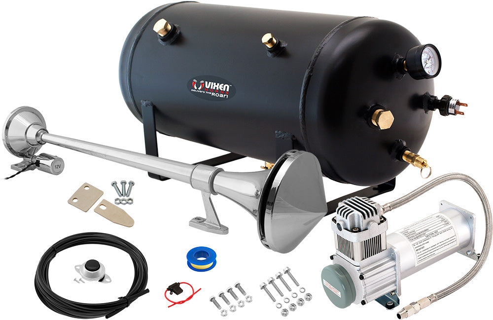 VIXEN HORNS VXO8350/1168C SINGLE TRUMPET TRAIN AIR HORN CHROME PLATED WITH 5 GALLON TANK AND 200 PSI COMPRESSOR image 0