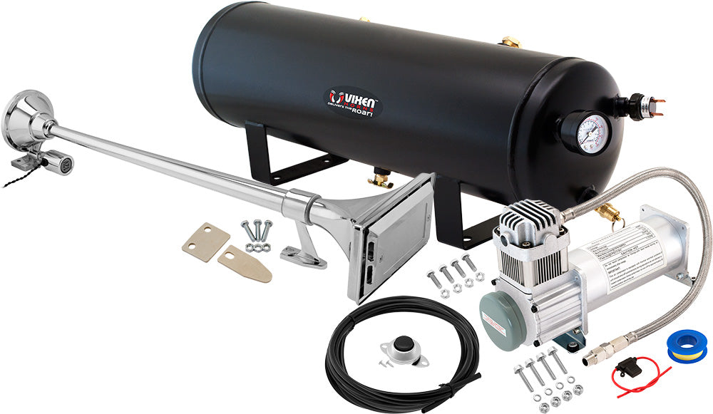 VIXEN HORNS VXO8330/1167C SINGLE TRUMPET TRAIN AIR HORN CHROME PLATED WITH 3 GALLON TANK AND 200 PSI COMPRESSOR image 0