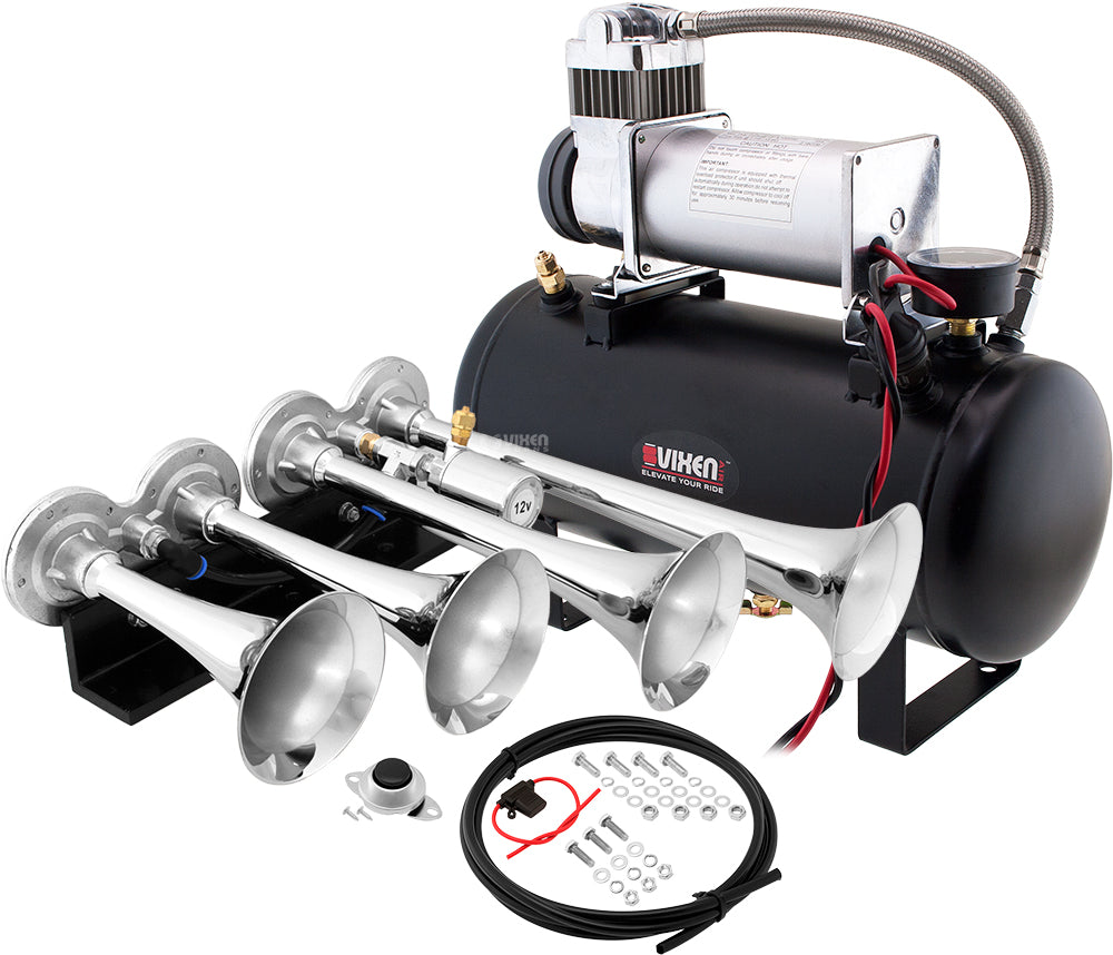 VIXEN HORNS VXO8560/4124C QUAD TRUMPET TRAIN AIR HORN CHROME PLATED WITH 2 GALLON TANK AND 150 PSI COMPRESSOR image 0