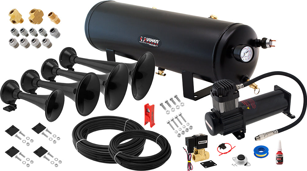 VIXEN HORNS VXO8330B/4901B QUAD TRUMPET ABS TRAIN AIR HORN BLACK WITH 3 GALLON TANK AND 200 PSI COMPRESSOR image 0
